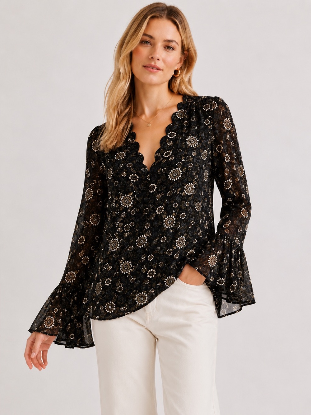 Kobi Halperin Saphira 100% Silk Floral Blouse Black Beige Large Flowy Retro 70s